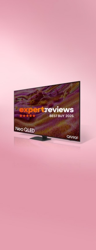 Neo QLED QN90F. Expertreviews BEST BUY 2025 logo on display.