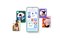 هاتف Galaxy الذكي يعرض أيقونات تطبيقات وخدمات مختلفة. على جانبي الهاتف الذكي، يمكن رؤية أشخاص يستخدمون أجهزة Galaxy متخذين وضعيات مختلفة مرتبطة بتطبيقات Galaxy وخدماتها.