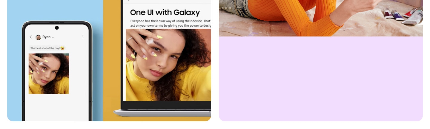 تستلقي امرأة على الأرض حاملة Galaxy S22 وتشكّل بوجهها شكل القبلة وتحيط بها لوحاتها وألوانها.