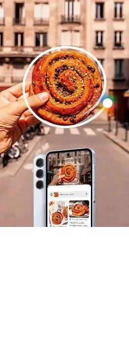 "يتم رسم دائرة حول فطيرة ما ليتم البحث عنها باستخدام خاصية دائرة البحث. تعرض شاشة هاتف ذكي من الفئة Galaxy نتائج بحث Google التي تعرض العديد من الصور الأخرى التي تبدو  مشابهةً للفطيرة الموجودة داخل الدائرة."