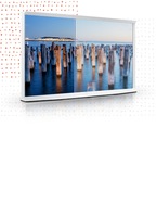 A Cloud White model of The Serif shows an onscreen image of water with old pier beams sticking upward out of the water. Then, 3 illustrations show real-time, scene-by-scene analysis of parts of the image to demonstrate AI Upscaling.