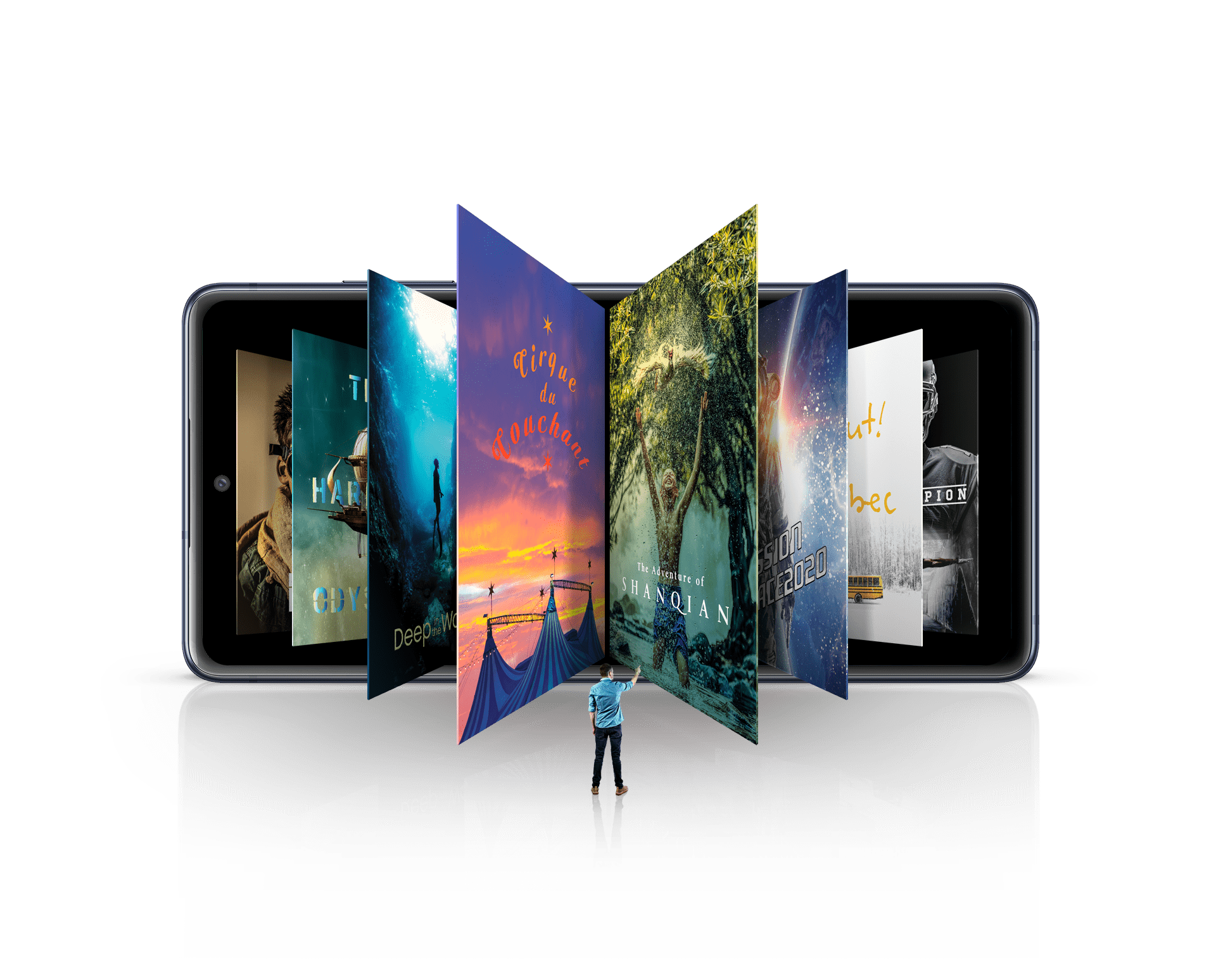 Galaxy S20 FE 5G بصورت افقی قرار گرفته و مردی ریزاندام در جلوی آن ایستاده است. او مشغول تماشای تصاویر متعددی است که Galaxy S20 FE 5G نمایش میدهد.