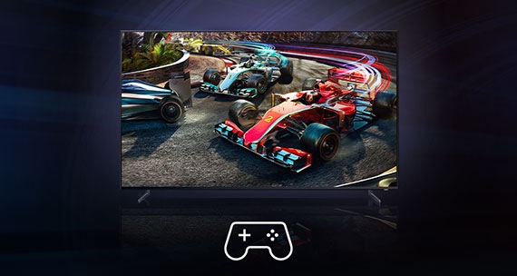 یک بازی ماشینسواری در تلویزیون سامسونگ با آیکون دسته بازی در جلوی صفحه نمایش داده میشود. یک بازی ماشینسواری در تلویزیون سامسونگ با آیکون دسته بازی در جلوی صفحه نمایش داده میشود.