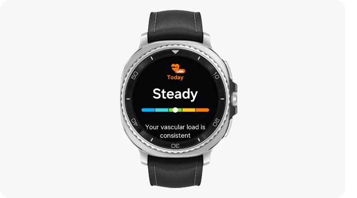 Galaxy Watch8 Classic con Carico vascolare sullo schermo. Dall’alto, icona Labs, testo Stabile, grafico a barre, testo Il tuo carico vascolare è coerente.