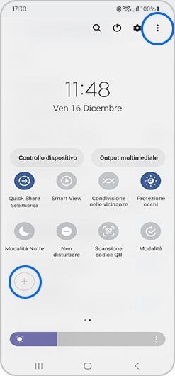 immagine del pannello rapido di un telefono samsung con l'icona Altre opzioni evidenziata