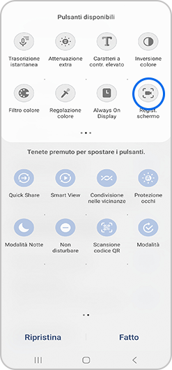 immagine del pannello rapido di un telefono samsung con l'icona registrazione schermo evidenziata