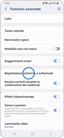 immagine del menu funzioni avanzate di un telefono samsung