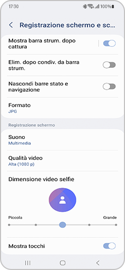 immagine del menu registrazione schermo e schermate di un telefono samsung