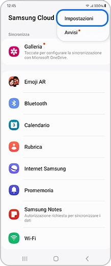 Schermata smartphone con l’opzione Impostazioni selezionata.