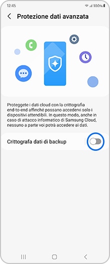 Schermata smartphone con l’opzione attiva/disattiva Crittografa dati di backup