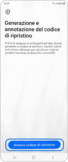 Schermata smartphone con il pulsante Genera codice di ripristino selezionato