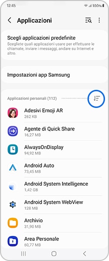Schermata smartphone con l'icona Applicazioni personali selezionata