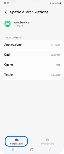 Schermata smartphone con il pulsante Cancella dati selezionato