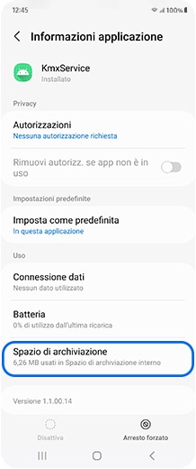 Schermata smartphone con la sezione Archiviazione selezionata