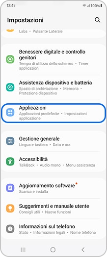 Schermata smartphone con l'opzione Applicazioni selezionata