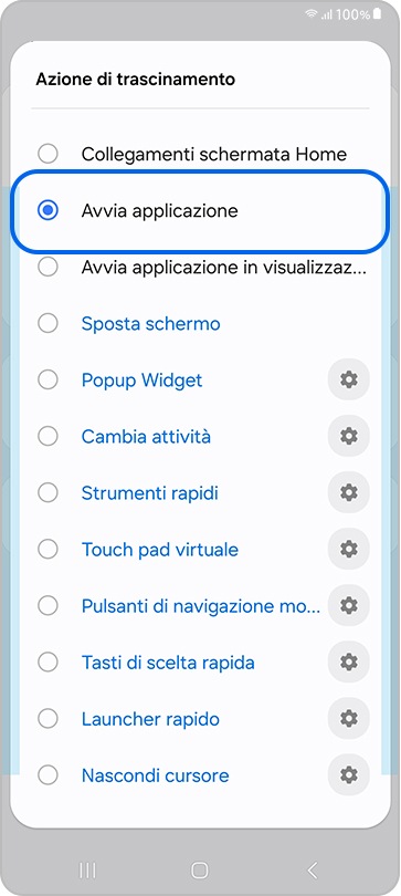 Impostazione avvia app con trascinamento