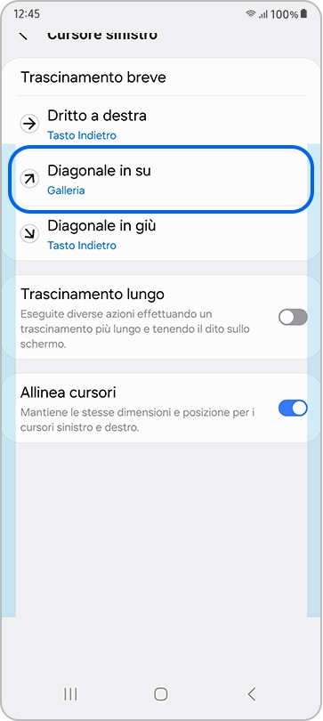 Impostazione diagonale in su del cursore sinistro