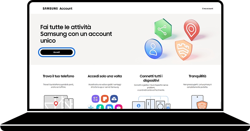 Accedi selezionato sulla home page di Samsung Account