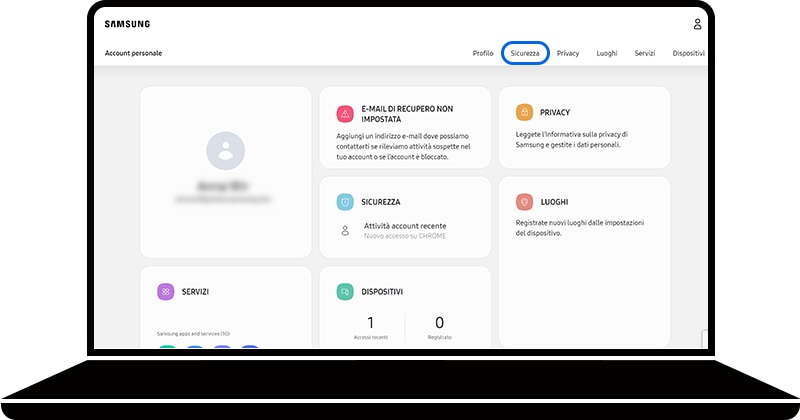 Sicurezza selezionato su Account Personale sul sito di Samsung Account