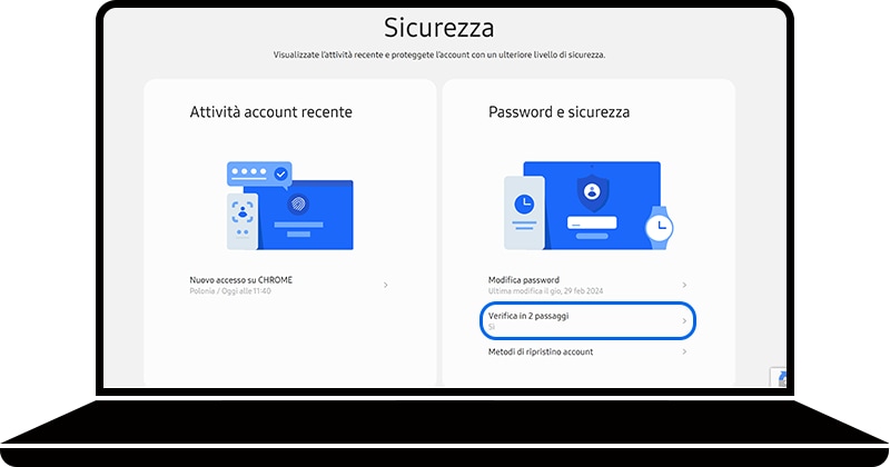 Verifica in due passaggi selezionato nella sezione Sicurezza della pagina di Samsung Account