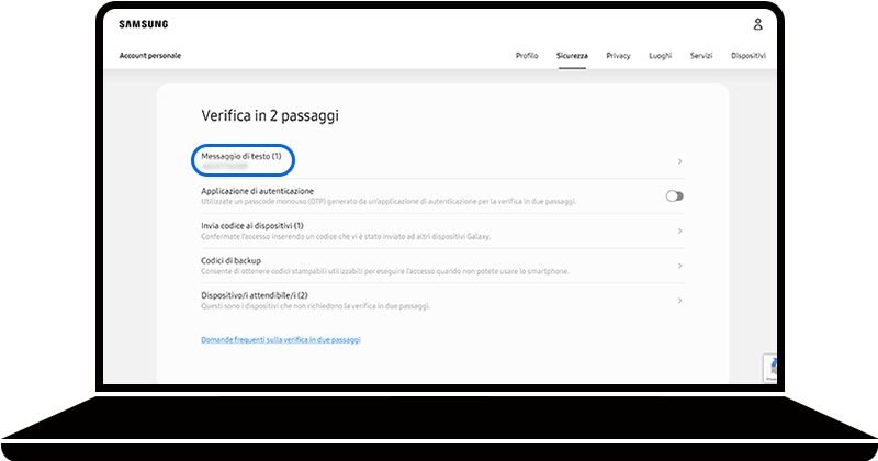 Messaggio di testo selezionato nella sezione Verifica in due passaggi della pagina di Samsung Account
