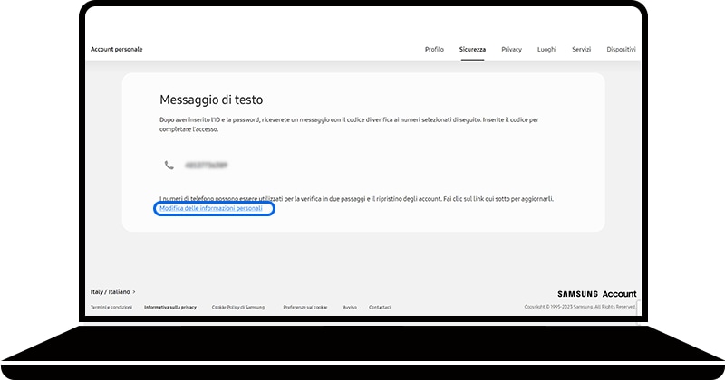 Modifica delle impostazioni personali selezionato nella sezione Messaggio di testo della pagina di Samsung Account