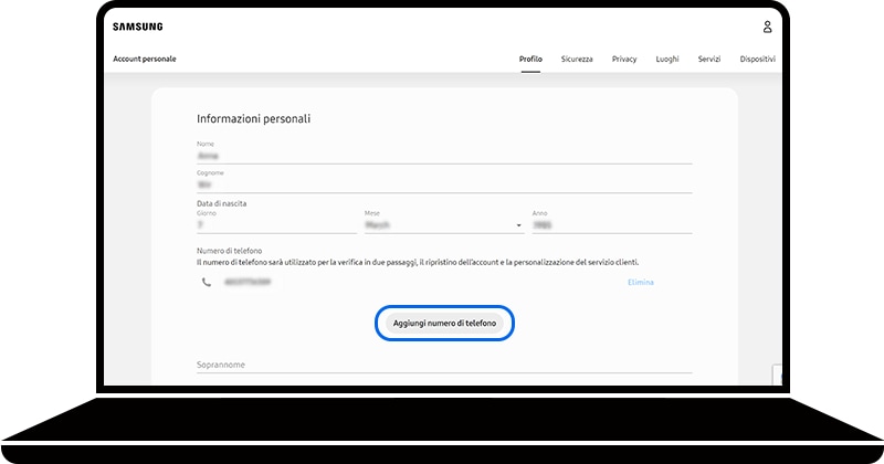 Aggiungi numero di telefono selezionato nella sezione Informazioni personali della pagina di Samsung Account