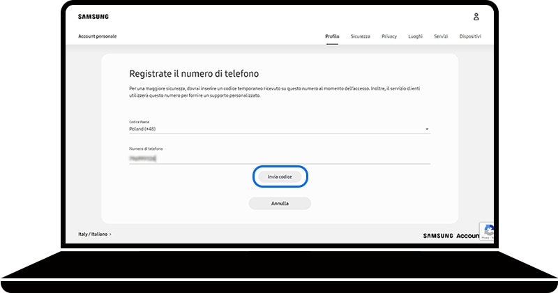 Invia codice selezionato nella sezione Registrate il numero di telefono della pagina di Samsung Account
