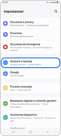 Account e backup selezionato in Impostazioni