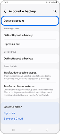 Gestisci account selezionato in Account e backup