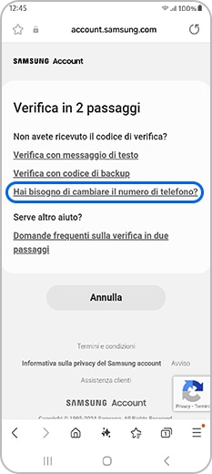 Tocca Hai bisogno di cambiare il tuo numero di telefono? nel menu di verifica in due passaggi