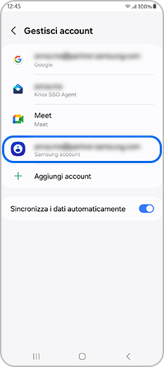 Samsung Account selezionato in Gestisci account