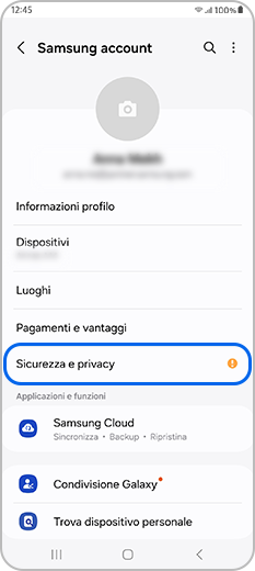 Sicurezza e privacy selezionato in Samsung account