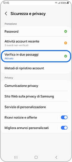 Verifica in due passaggi selezionata in Sicurezza e privacy del Samsung Account
