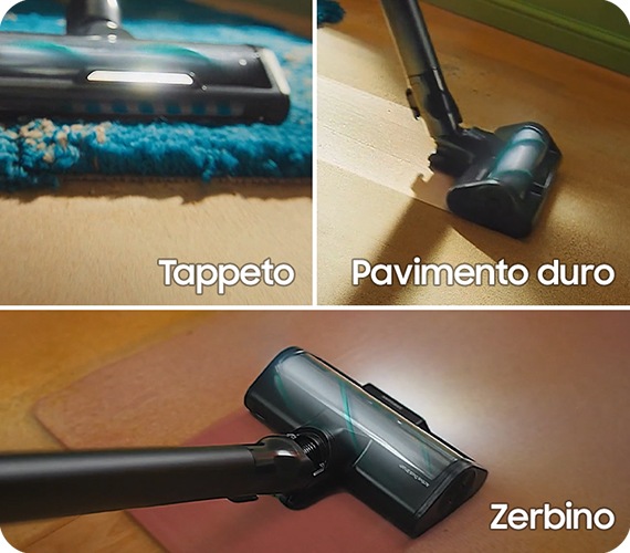 Un Samsung Jet Combo pulisce una varietà di superfici tra cui moquette, pavimenti duri e tappetini con AI Cleaning Mode, lasciando il pavimento pulito mentre si muove.