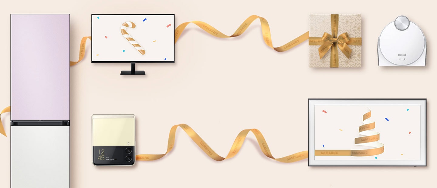 Un combinato Bespoke colorato personalizzato, un monitor, un Jet Bot AI+ robot aspirapolvere, un TV The Frame e un Galaxy Z Flip3 5G raffigurati con il nastro rosso fluttuante di una confezione regalo sullo sfondo. 