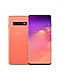 Vista frontale di un Galaxy S10 Flamingo Pink leggermente sovrapposto sul retro di un Galaxy S10 Flamingo Pink