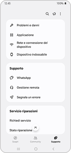 Sezione Aiuto veloce con opzioni disponibili.