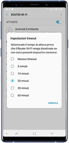 Le opzioni di timeout vanno da nessun timeout a un lasso di tempo di 60 minuti