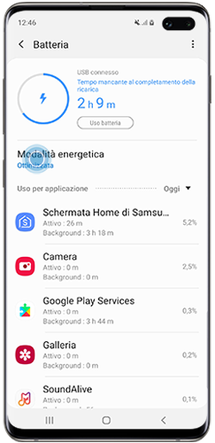 Schermata delle impostazioni della batteria con l'opzione "Modalità energetica"