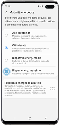 Pagina attivazione del risparmio energetico massimo