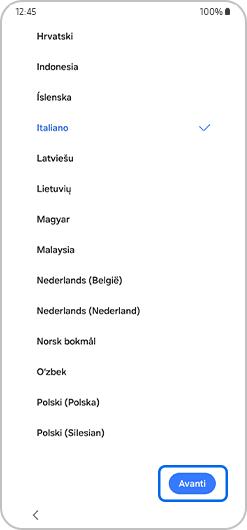 Schermata di configurazione iniziale con menu a discesa per la lingua.