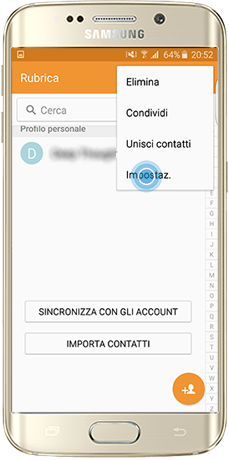 Per accedere al menu “Impostazioni” della rubrica, cliccare l’ultima opzione, “Impostazioni”, del menu a tendina