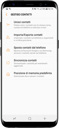 Il menu “Gestisci contatti” del telefono Android 8 dispone di diverse opzioni: Unisci contatti, Importa/Esporta contatti, Sposta contatti del telefono, Sincronizza contatti e Posizione di memoria predefinita