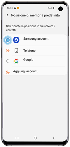 Accedi alla sezione “Posizione di memoria predefinita” per scegliere se salvare i contatti del telefono Android 9, Android 9 o Android 10 nel telefono, nel Samsung account o nell’account Google