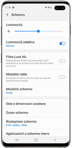 Menù di personalizzazione “Schermo” di Galaxy con Android 9