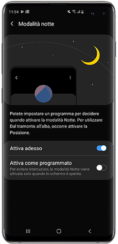 Aspetto della schermata con la Modalità notte attiva