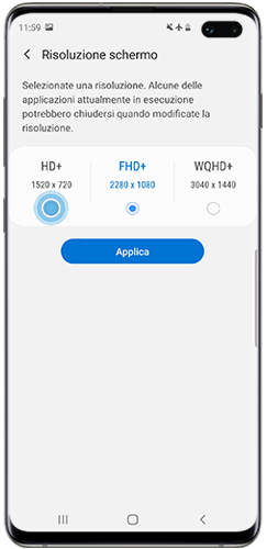 Differenti opzioni di risoluzione dello schermo di Galaxy S10 con Android 9