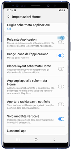 Attivazione pulsante app Note9 Android9