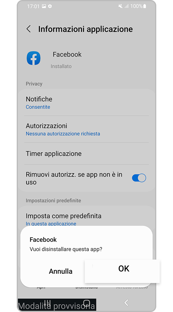 Tocca OK per disinstallare